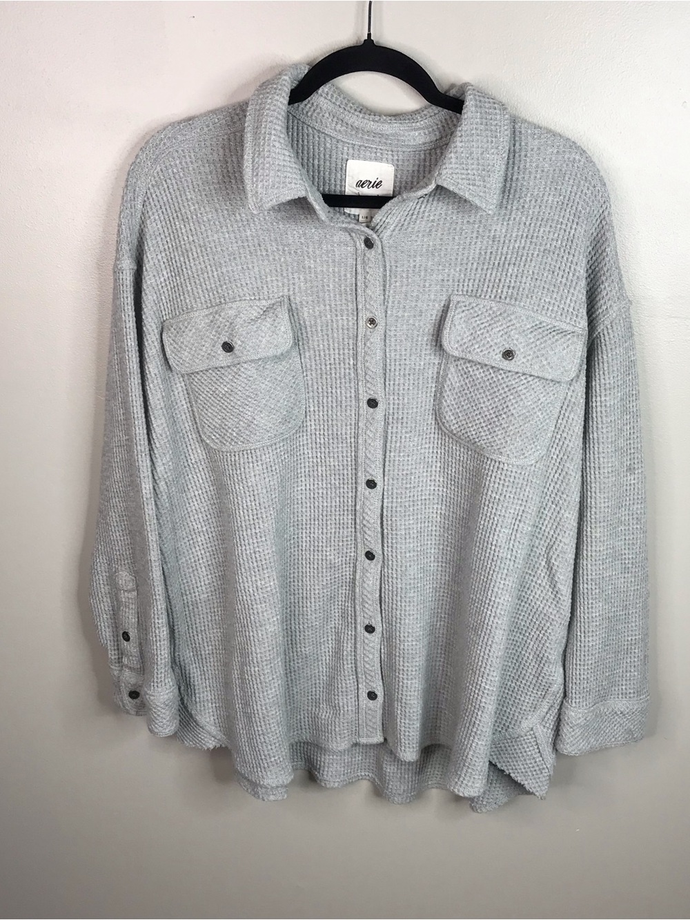 Aerie Lumber Jane Light Gray Waffle-Knit Button-down Shirt Sz Large